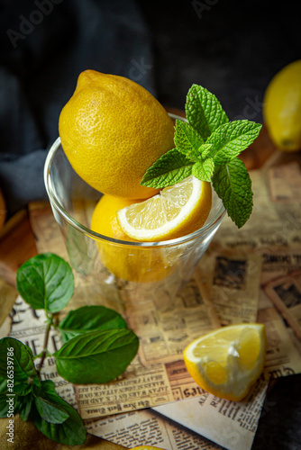 Fresh yellow lemons in a glass and wooden plate with fresh green  leaves of mint