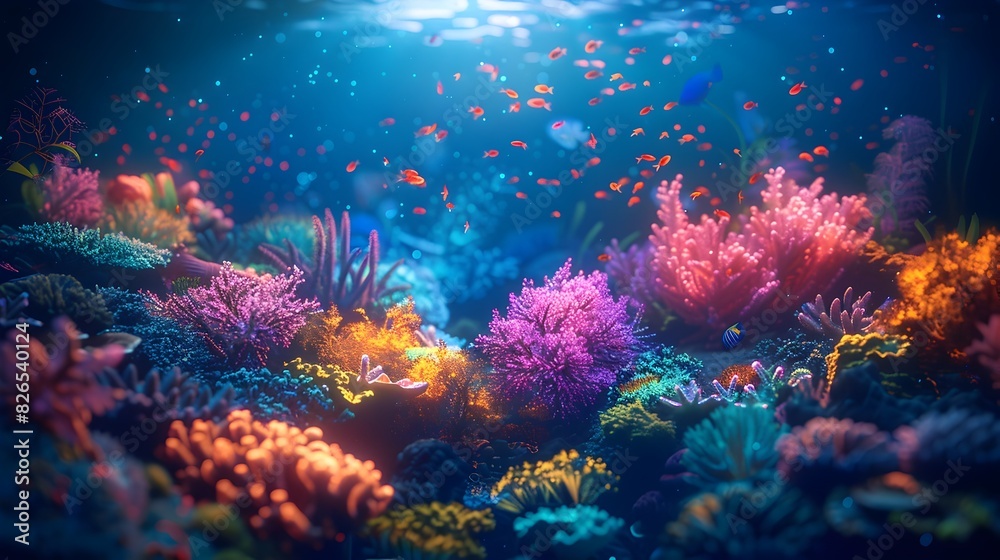 Fototapeta premium Captivating Coral Reef Ablaze with Bioluminescent Splendor in the Nighttime Underwater Realm