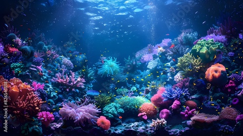 Bioluminescent Coral Reef at Night Vibrant Underwater Scene of Glowing Marine Life © Thares2020