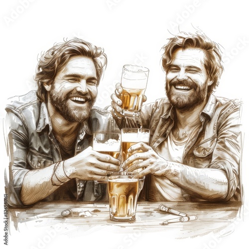Father's Day beer celebration with friends toasting, sketch style.