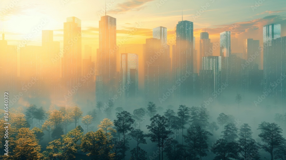 Futuristic towers expanding skyward with small trees close up, focus on, copy space Radiant urban skyline Double exposure silhouette with sustainability Futuristic towers expanding skyward with small trees close up, focus on, copy space Radiant urban skyline Double exposure silhouette with sustainability