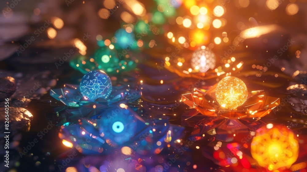 A vibrant array of colorful, glowing lotus flowers with sparkling lights, creating a mystical and mesmerizing visual experience. A vibrant array of colorful, glowing lotus flowers with sparkling lights, creating a mystical and mesmerizing visual experience.