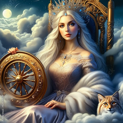 Frigg, the Norse goddess of wisdom, foresight, and domesticity on her heavenly throne. A golden spinning wheel, symbol of destiny and threads of life. Authority and elegance. Moonlight. Generative AI