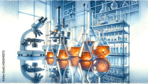 The image depicts a meticulously detailed watercolor painting of a scientific laboratory with various equipment.