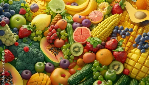 A vibrant assortment of fresh fruits and vegetables, including apples, bananas, corn, and broccoli, arranged in a colorful and appetizing display. photo