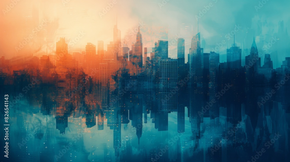 Cityscape breaking down with a gloomy sky close up, focus on, copy space Gritty downtown colors Double exposure silhouette with darkness