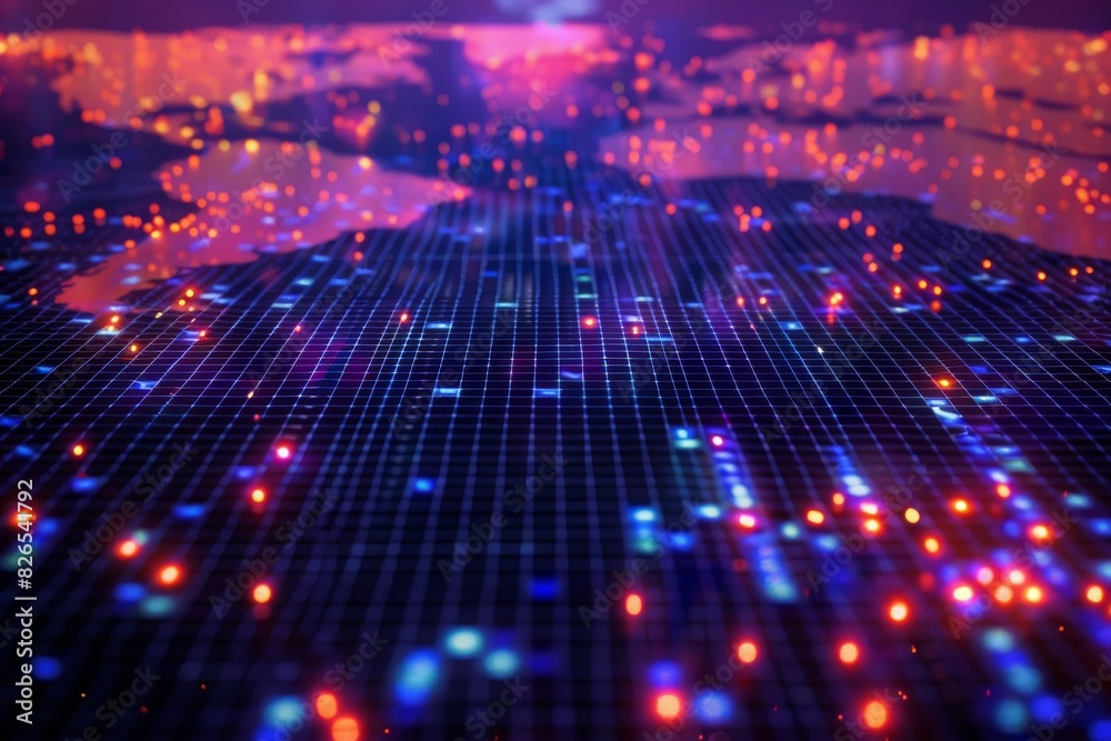 Glowing Grid A glowing grid pattern over a darkened world map Glowing Grid A glowing grid pattern over a darkened world map