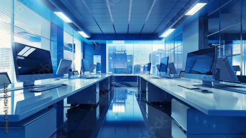 Modern Blue Technology Office Scene with Business Professionals