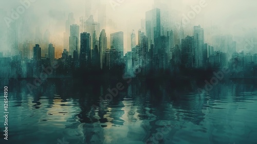 Cityscape breaking down with a gloomy sky close up, focus on, copy space Gritty downtown colors Double exposure silhouette with darkness © kitidach