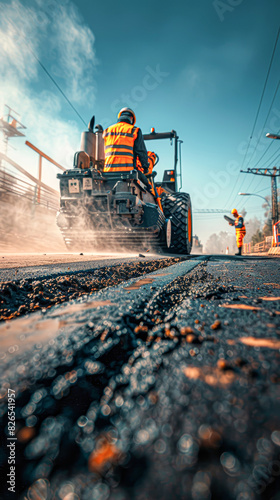 Road Construction Worker Operating Paving Machine in Vibrant Safety Gear photo