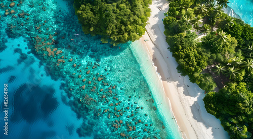 Stunning Aerial View of Idyllic Tropical Beach with Turquoise Waters and Lush Foliage
