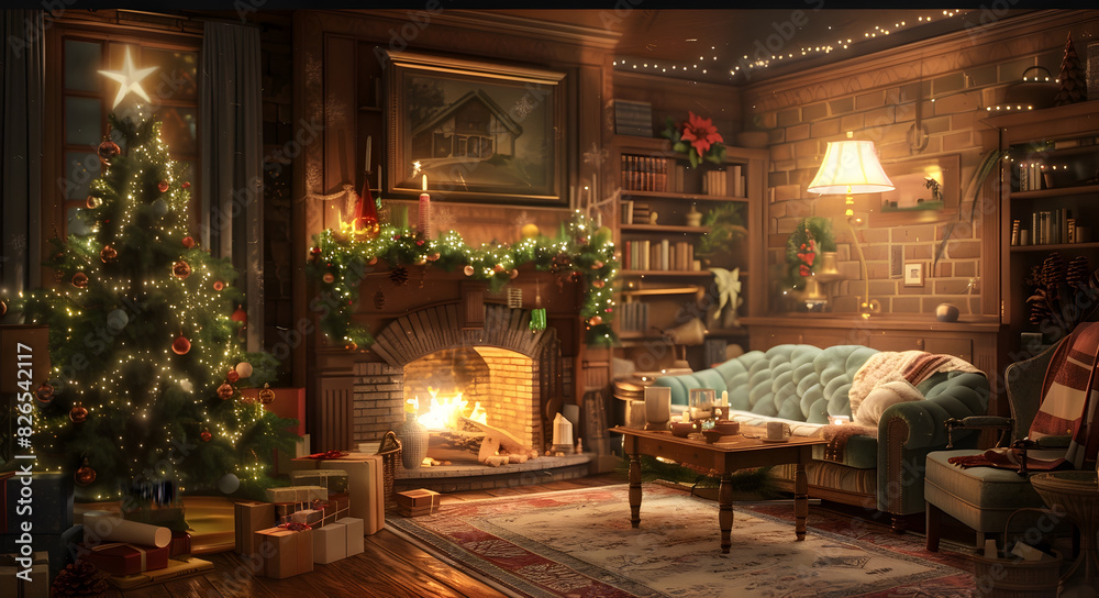 Cozy Winter Evening at Home with Fireplace and Christmas
