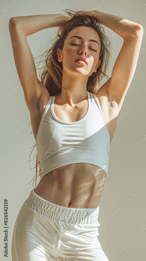 Fototapeta premium Confident Sportswoman in White Athletic Wear - Powerful Studio Portrait with High-Key Lighting
