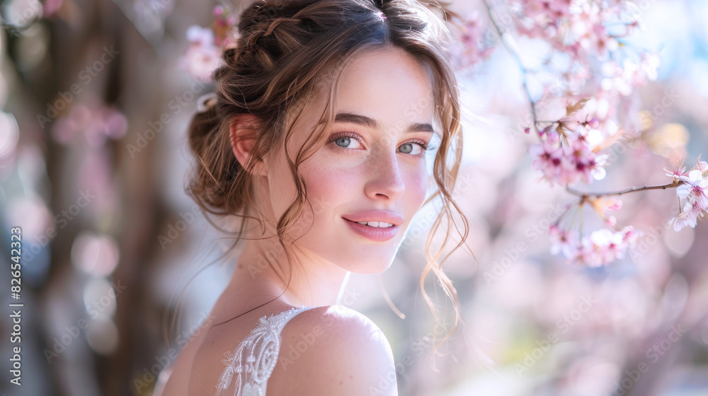 Germany woman smiling in fashionable dress in cherry blossom celebration Germany woman smiling in fashionable dress in cherry blossom celebration