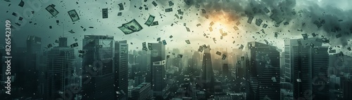 Futuristic towers falling with torn banknotes close up, focus on, copy space Dark urban skyline Double exposure silhouette with monetary loss photo