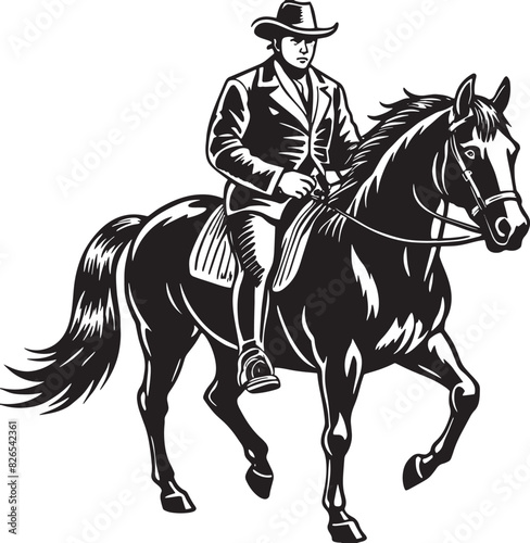 a black and white image of a cowboy on a horse. black and white illustration