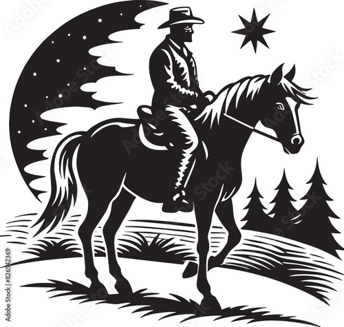 a black and white image of a cowboy on a horse. black and white illustration
