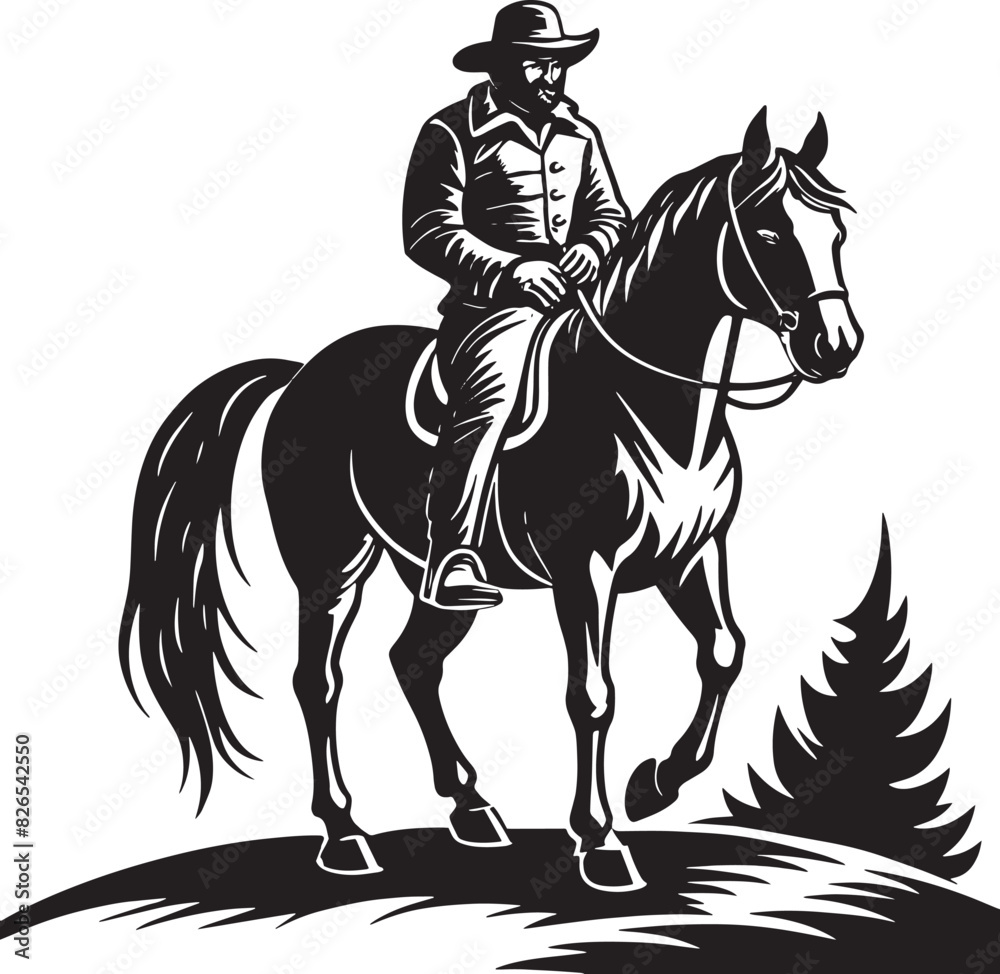 a black and white image of a cowboy on a horse. black and white illustration a black and white image of a cowboy on a horse. black and white illustration