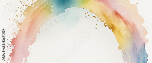 Pastel light bright watercolor brush rainbow with gold on the white background