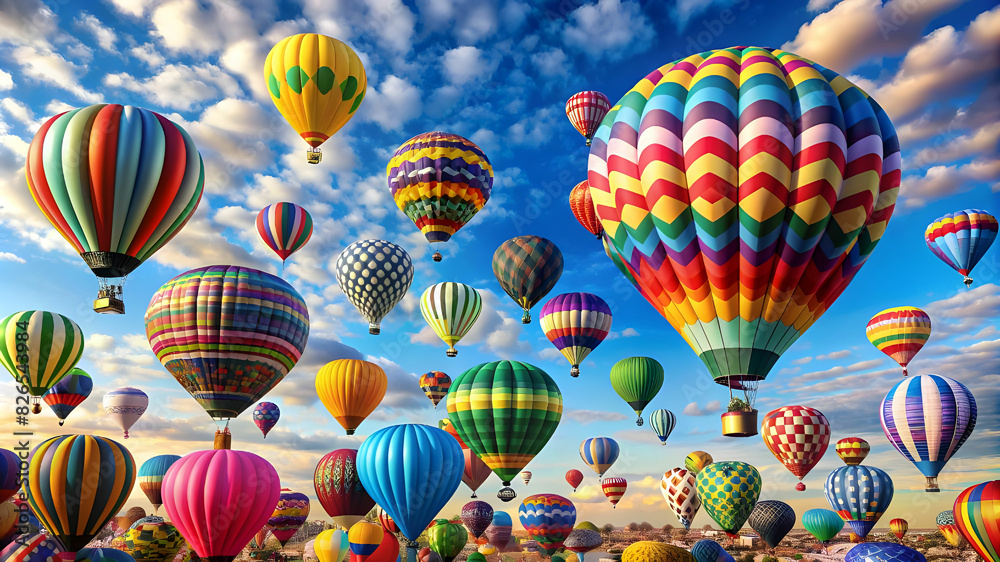 A vibrant and whimsical scene of colorful balloons floating in the sky, each one uniquely shaped and patterned, creating a diverse and visually stunning display. A vibrant and whimsical scene of colorful balloons floating in the sky, each one uniquely shaped and patterned, creating a diverse and visually stunning display.