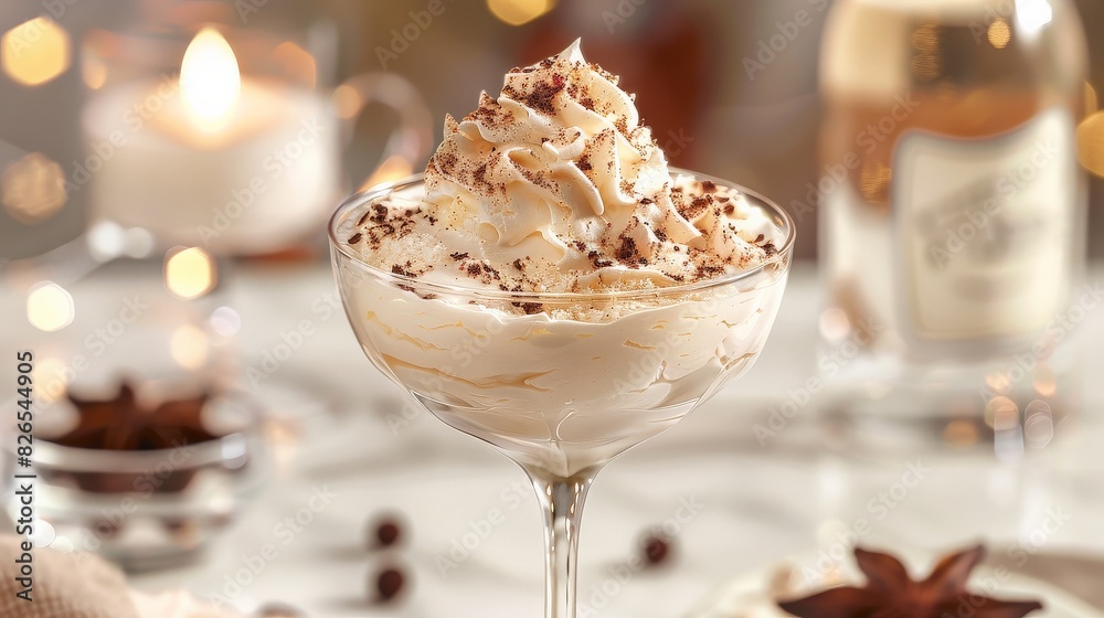 A dessert served in a glass, showcasing layers of ice cream and whipped cream on a table. A dessert served in a glass, showcasing layers of ice cream and whipped cream on a table.
