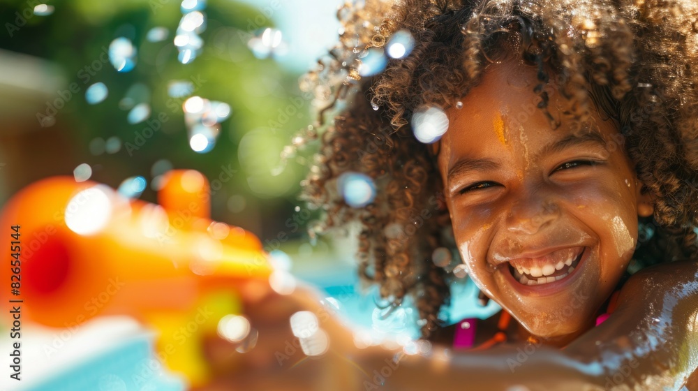 A young girl is smiling and holding a toy water gun A young girl is smiling and holding a toy water gun