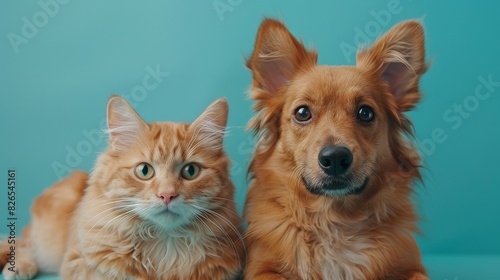 A dog and a cat are sitting beside each other on a blue background.