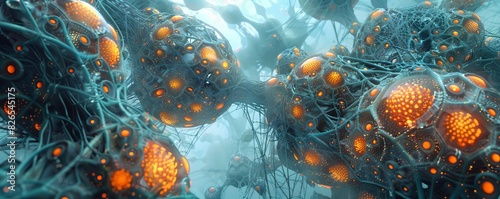 Capture the essence of a surreal underwater realm with a high-angle view of a research network Utilize a blend of CG 3D techniques to depict nodes resembling futuristic buoys and l photo