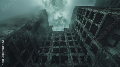 Buildings crumbling with a gloomy sky close up, focus on, copy space Stark architectural tones Double exposure silhouette with bleakness