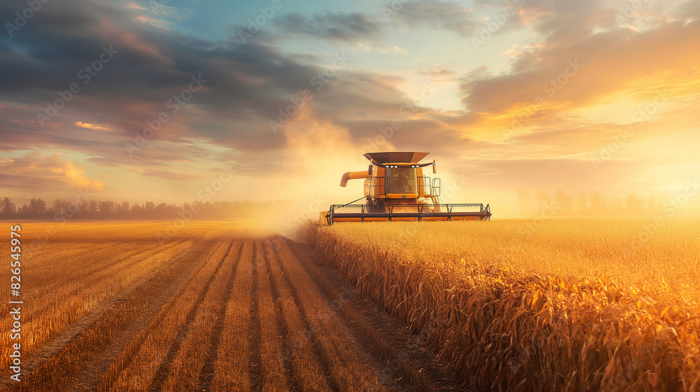 Fototapeta premium A combine harvester works in agricultural land under a dramatic sky as sunlight cuts through the clouds creating a dynamic landscape