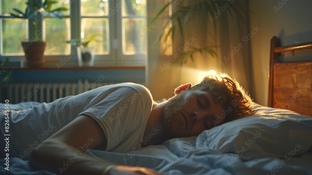Man sleeping in a bedroom during vacation Waking up to an alarm in the morning Emphasizing the importance of well being Man sleeping in a bedroom during vacation Waking up to an alarm in the morning Emphasizing the importance of well being