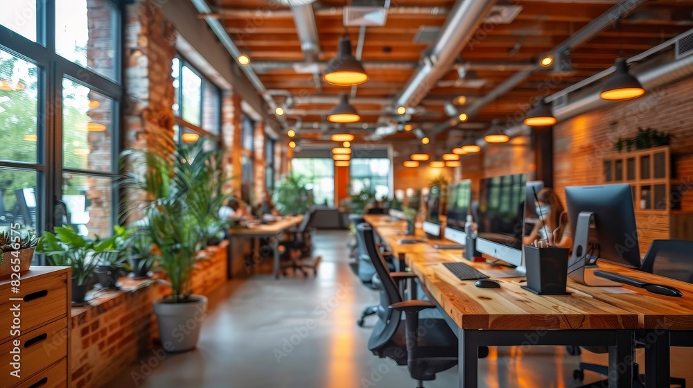 A standard long table in a busy modern office space, featuring a computer on top of it. A standard long table in a busy modern office space, featuring a computer on top of it.