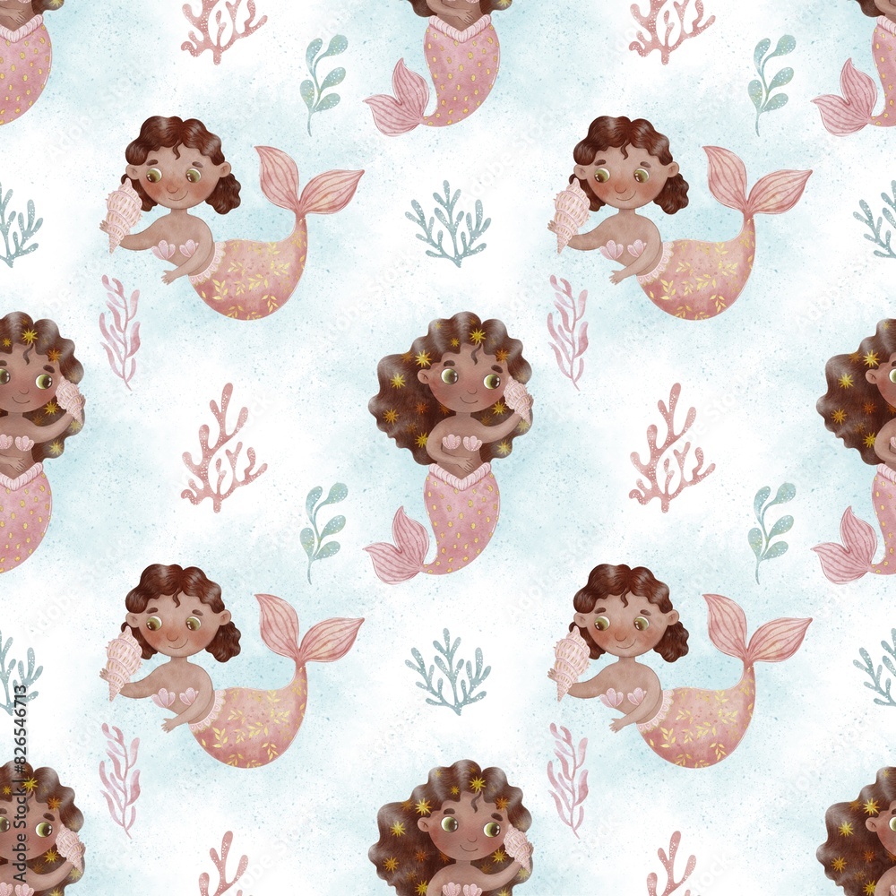 custom made wallpaper toronto digitalSeamless watercolor pattern with mermaids for children's textiles, printing on paper, cards, etc.