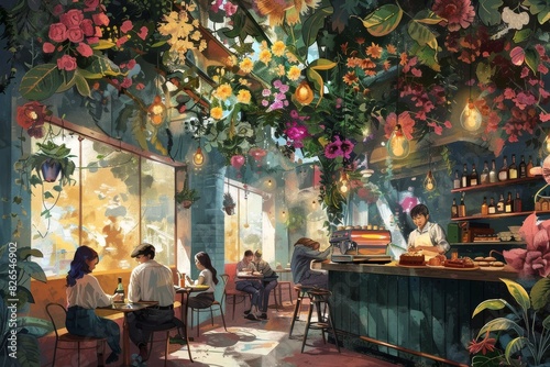 A charming  cozy illustration of a busy cafe where customers enjoy their coffee and pastries beneath a canopy of flowering vines  and the walls are adorned with colorful floral murals 
