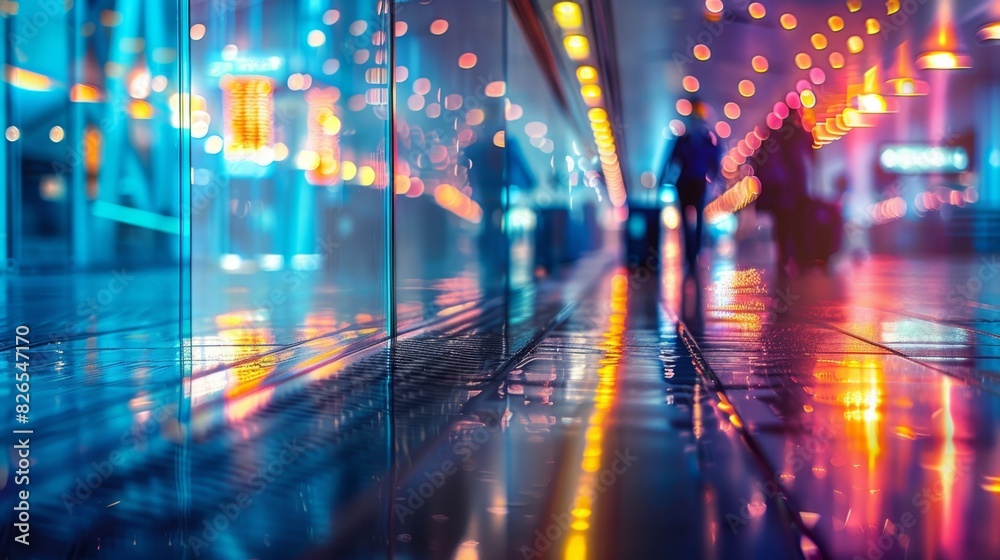 Vibrant city lights reflecting on a wet street, creating an abstract, colorful urban nightscape with blurred silhouettes, abstract city lights reflection in wet street.