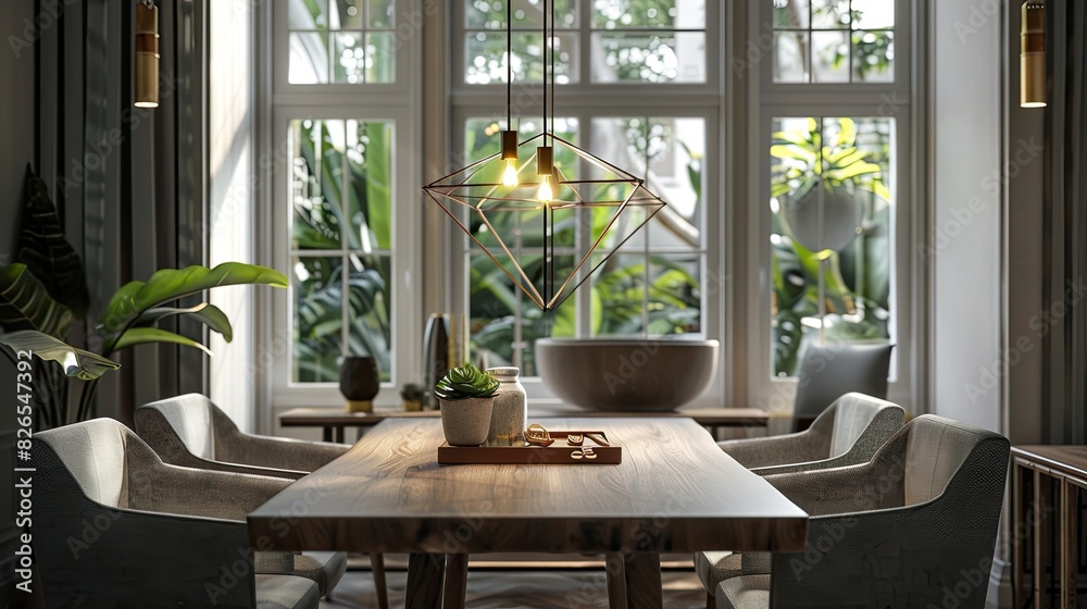 elegant dining space with a wooden table, grey upholstered chairs, and a geometric pendant light, illuminated by natural light from tall windows elegant dining space with a wooden table, grey upholstered chairs, and a geometric pendant light, illuminated by natural light from tall windows