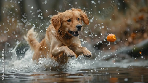 Golden Retriever running and jumping to catch a ball in mid-air.