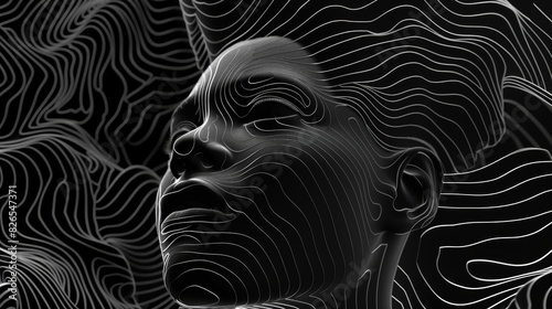 Abstract black and white illustration featuring a human face with flowing lines, creating a mesmerizing, topographical effect.