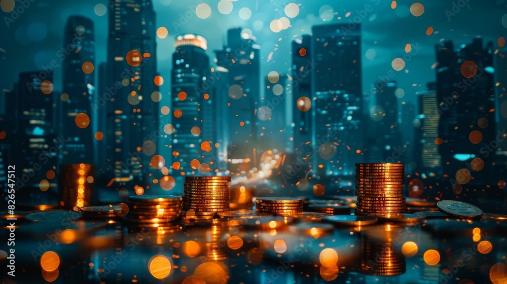 Futuristic towers falling with scattered coins close up, focus on, copy space Dark urban skyline Double exposure silhouette with monetary loss