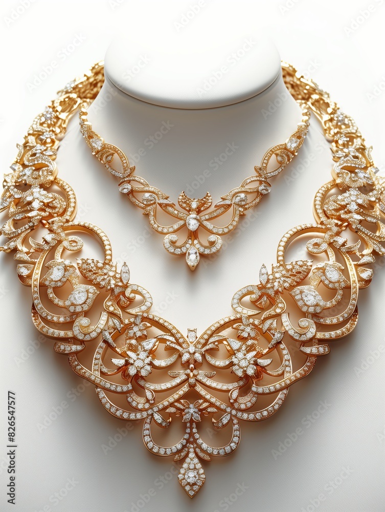Elegant Gold and Diamond Necklace Set on Display Stand Elegant Gold and Diamond Necklace Set on Display Stand