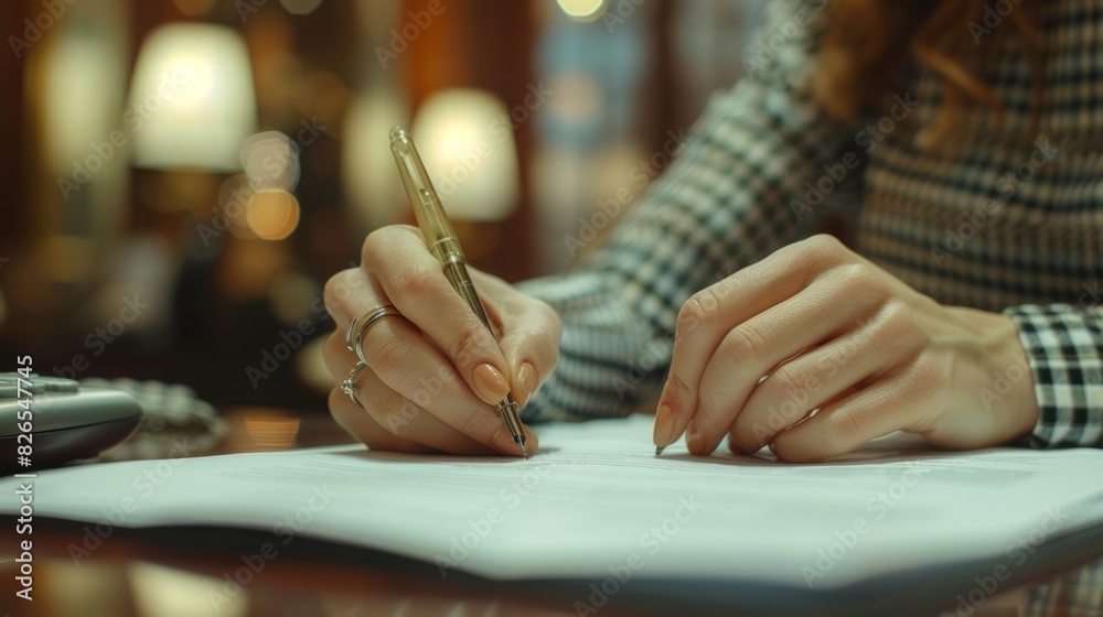 Close-up hand of young business woman writing on document report with a pen on desk, Closeup of businesswoman signing on document contract, business concept.