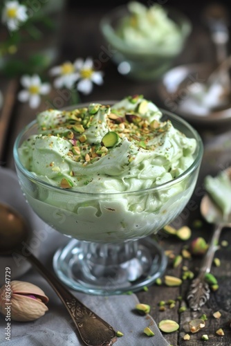 Creamy Pistachio Mousse Dessert with Fresh Nuts in Elegant Glass Dish