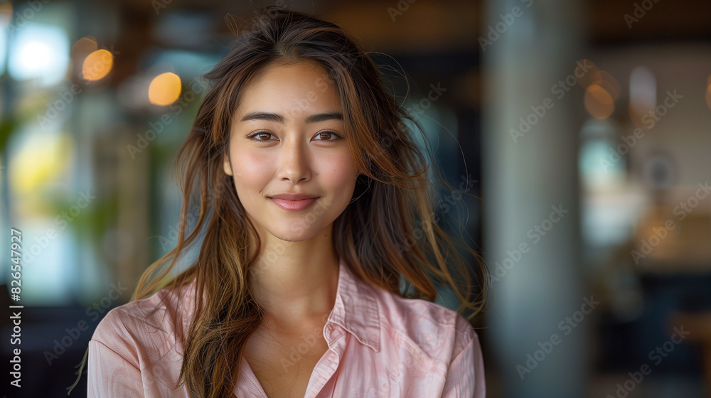 Asian Woman Face Portrait with Smile in Pink Shirt Asian Woman Face Portrait with Smile in Pink Shirt