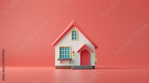 Charming miniature house with red roof on a red background. Perfect for real estate and home design concepts. photo