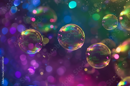 Iridescent bubbles against a vibrant, colorful aurora borealis.