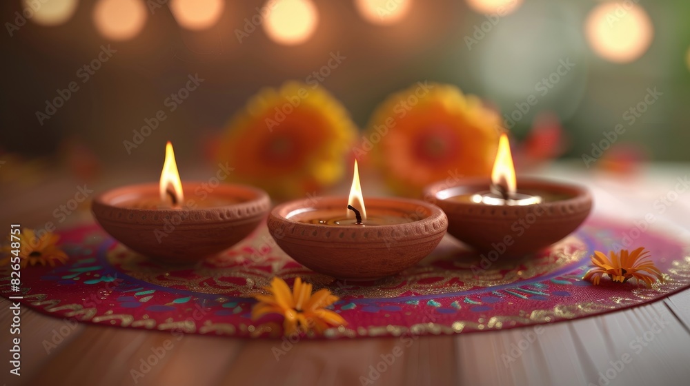 Diwali Celebration with Clay Diya Lamps and Greetings Card Design for Hindu Festival of Lights Diwali Celebration with Clay Diya Lamps and Greetings Card Design for Hindu Festival of Lights