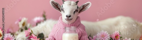 Baby goat in pink sweater next to a milk bottle, pastel background, adorable and cute photo
