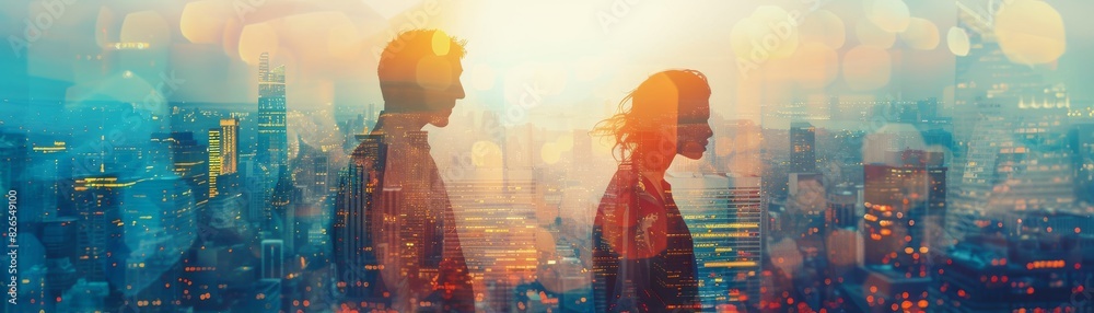 Cityscape breaking down with sad people close up, focus on, copy space Gritty downtown colors Double exposure silhouette with hopelessness Cityscape breaking down with sad people close up, focus on, copy space Gritty downtown colors Double exposure silhouette with hopelessness