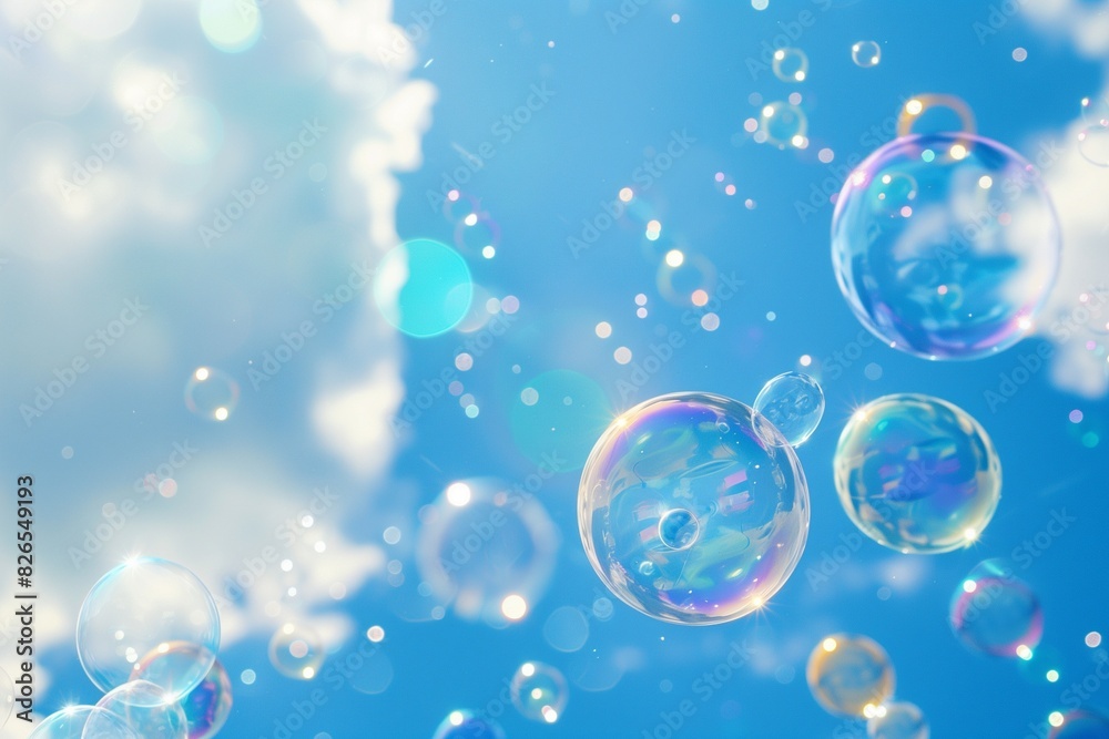 Iridescent bubbles floating against a serene blue sky.