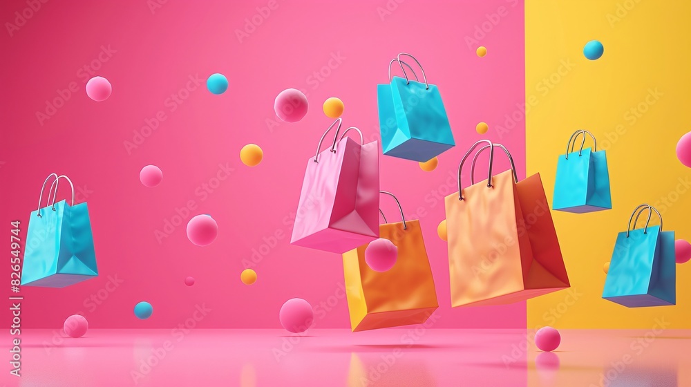 Colorful shopping bags floating amid playful spheres on a vibrant, multicolored background, highlighting excitement and fun of shopping.